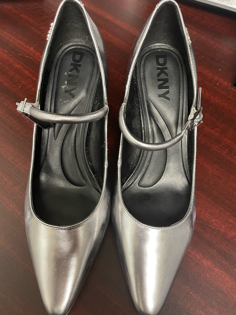 DKNY Metallic Silver Pointed-Toe Mary Jane Heels